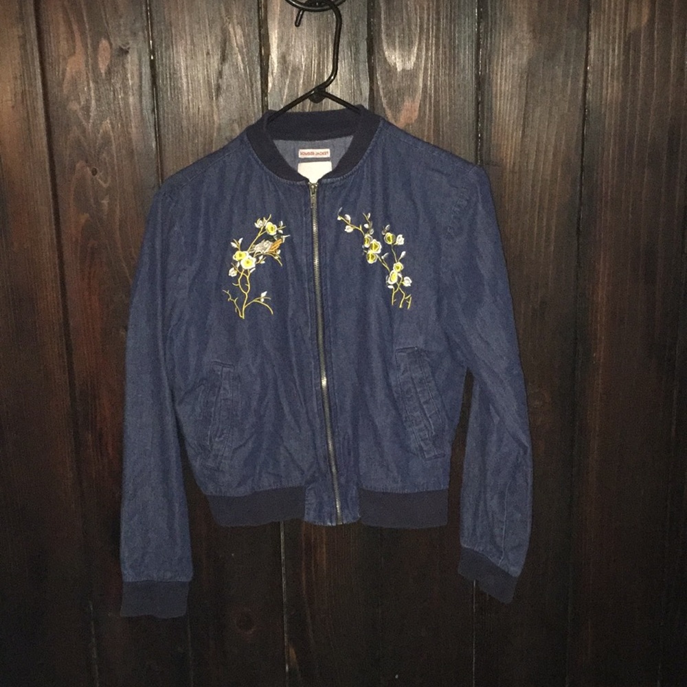 Denim bomber jacket with cute flower patches